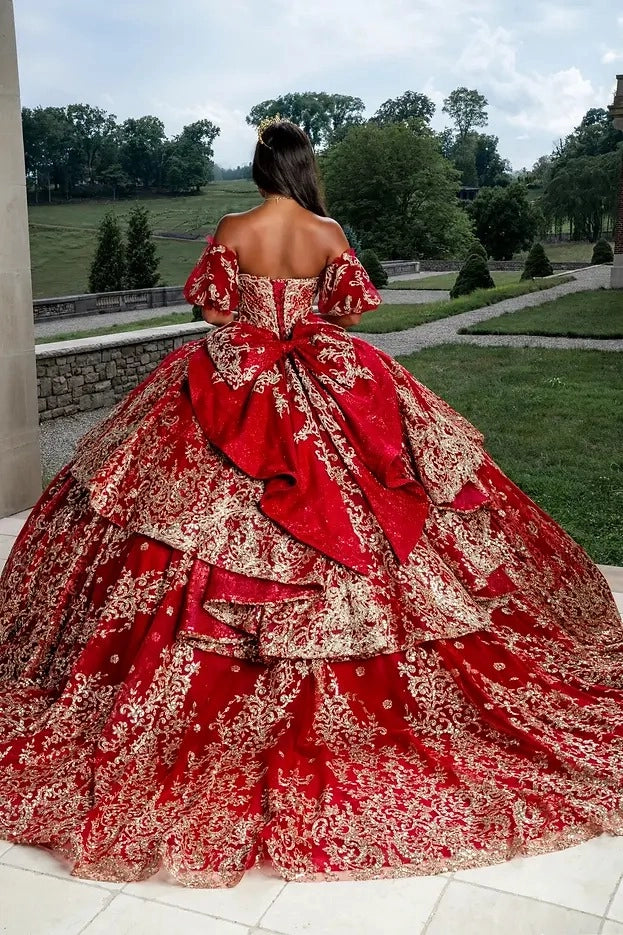 Back view Vedress red gold quinceanera gown corset lace-up back large layered bow long train ruffled dress
