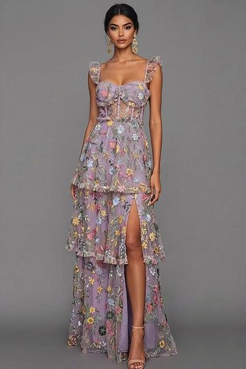 Romantic A Line Sweetheart Ruffle Strap Floral Embroidered Tiered Wedding Guest Dress