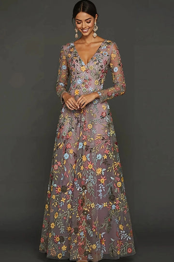Elegant A Line V Neck Long Sleeve Floral Embroidered Floor Length Wedding Guest Dress