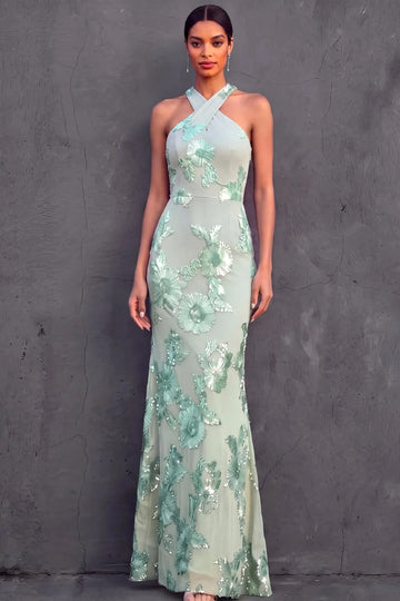 Elegant Mermaid Halter Sleeveless Crisscross‑Back Long Prom Bridesmaid Gown