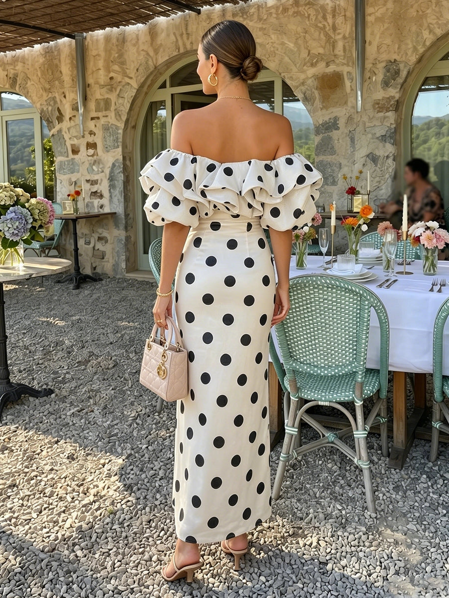Back view vedress polka dot sheath guest gown off shoulder open back floor length satin dress