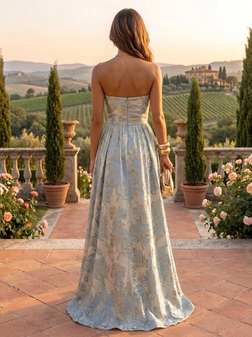 Vedress dusty blue gold jacquard wedding guest strapless A-line long dress back view with zipper