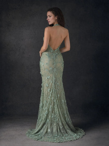 Vedress sage-green open-back floral lace mermaid evening gown back view