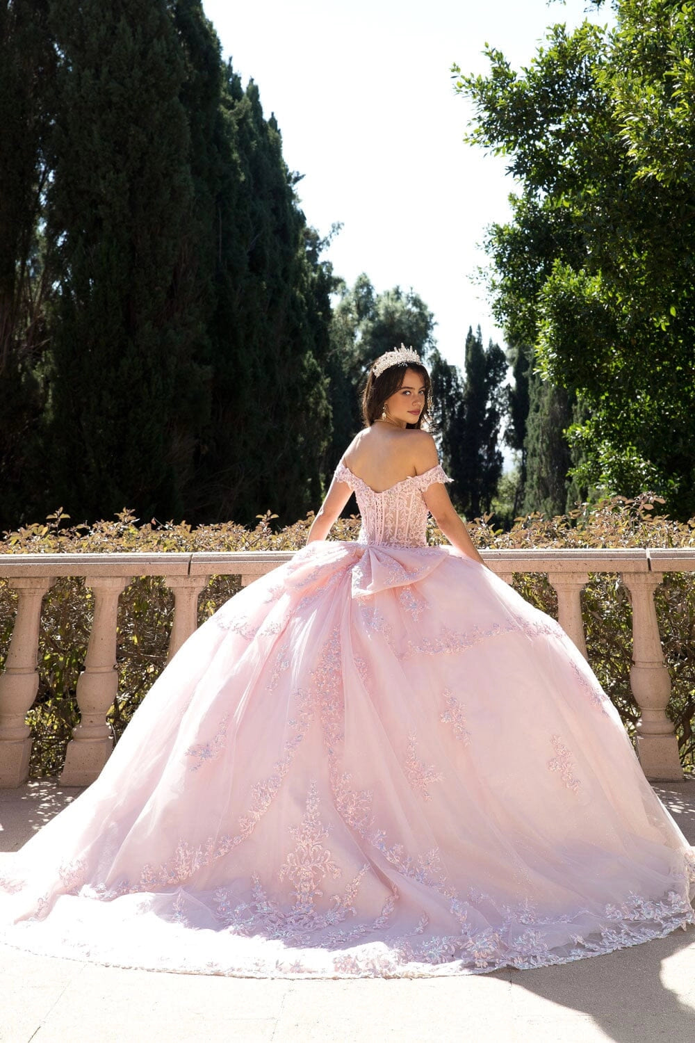 Vedress pink quinceanera ball gown corset back large bow court train lace appliques back view