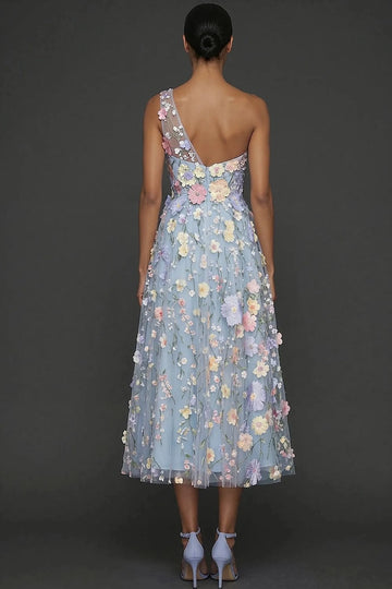 Romantic A Line One Shoulder 3D Floral Sleeveless Midi Wedding Guest Dress
