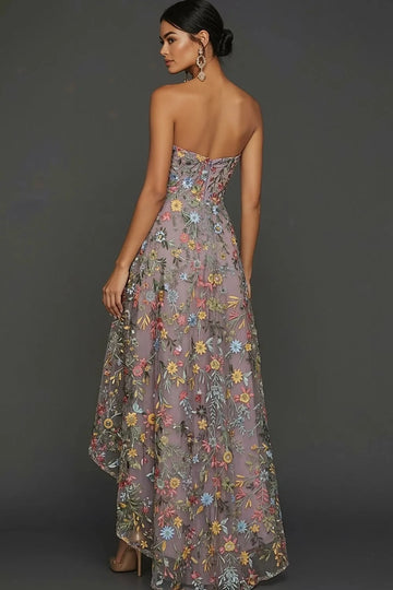 Romantic A Line Sweetheart Strapless Floral Embroidered High Low Wedding Guest Dress
