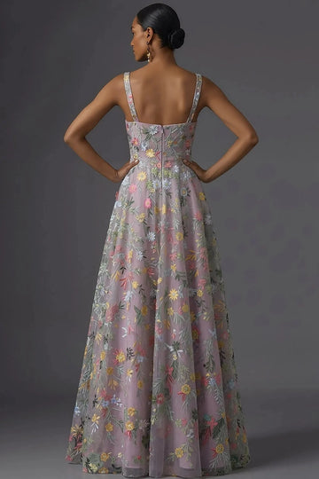 Romantic Floral Embroidered A-Line Square Neck Sleeveless Low Back Wedding Guest Dress