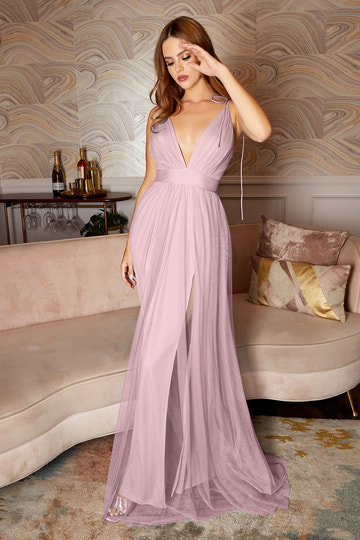 Vestido de Fiesta de Tirantes Finos con Escote en V Profundo de Tul y Doble Abertura – Elegante Vestido de Dama de Honor y Noche para Bodas y Ocasiones Especiales