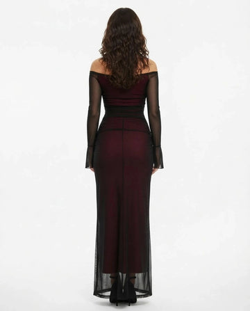 Back view of burgundy wedding guest dress with black sheer mesh, long sleeves and fitted floor-length silhouette
