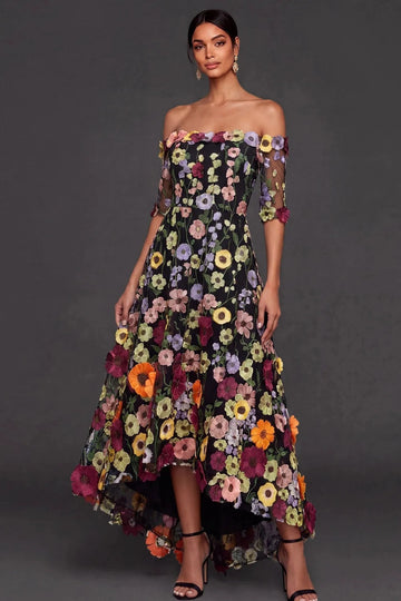 Elegant A Line Off Shoulder 3D Floral High Low Wedding Guest Dress