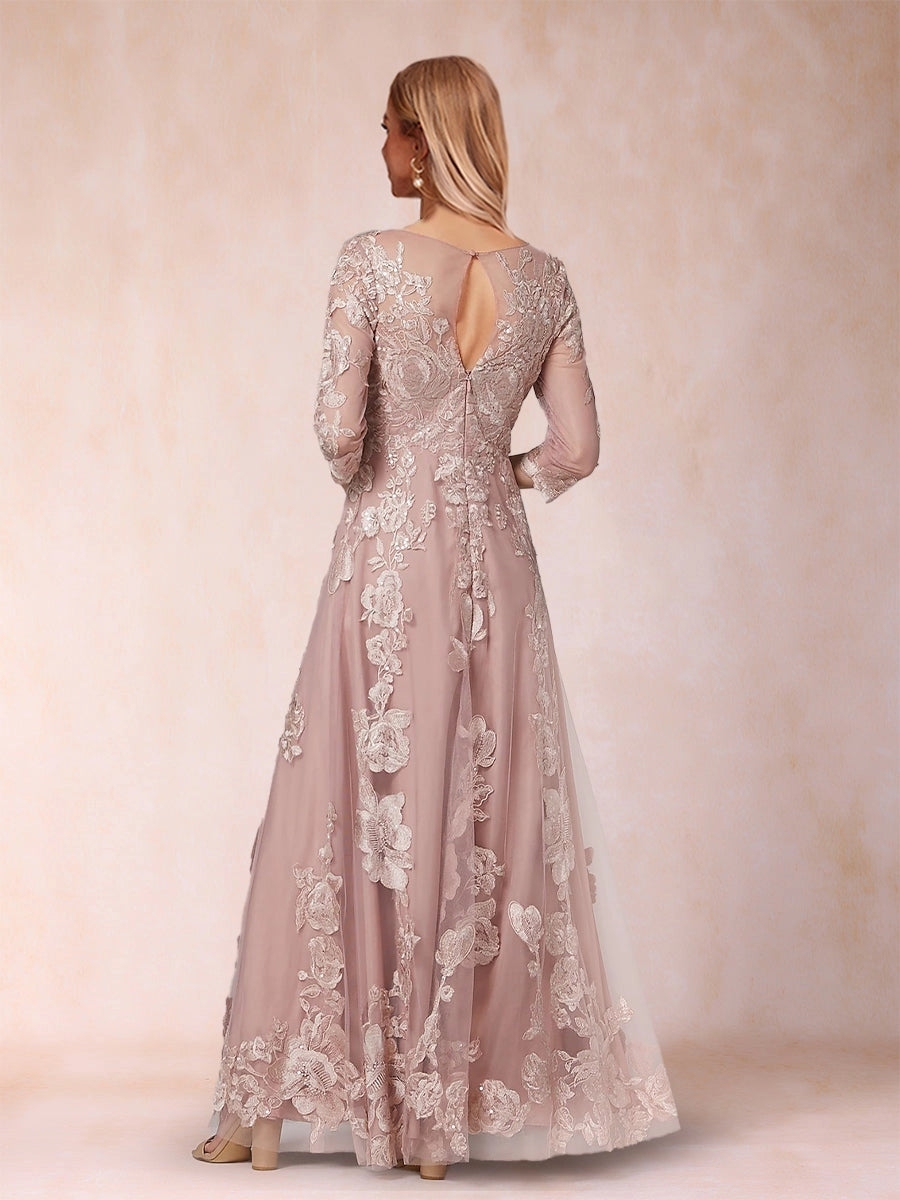 Model wearing vedress blush lace mother of bride dress keyhole back invisible zipper 3/4 sleeve formal rear view