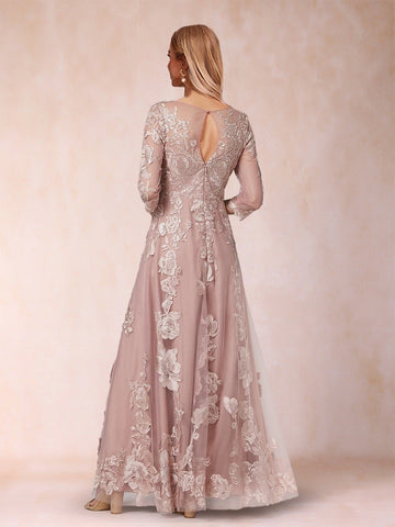 Model wearing vedress blush lace mother of bride dress keyhole back invisible zipper 3/4 sleeve formal rear view