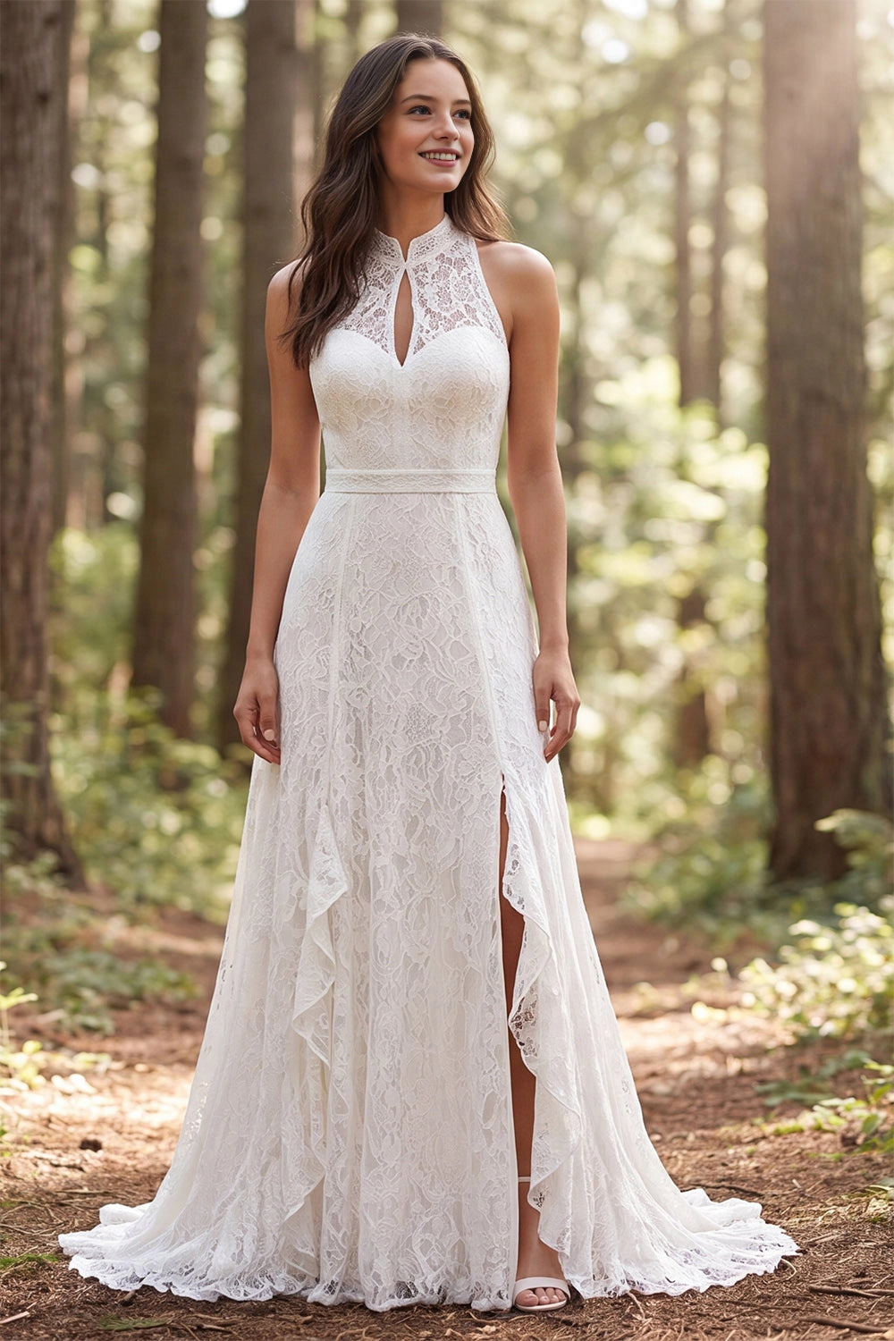 Vedress halter keyhole lace a-line wedding dress sleeveless high slit woodland forest bridal gown