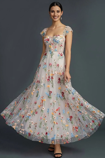 Sweetheart Cap Sleeve Floral Embroidered Tulle Corset A-Line Maxi Dress