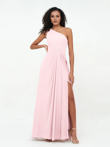 One Shoulder Pleated Waist Chiffon A-Line Bridesmaid Maxi Dress with Side Slit