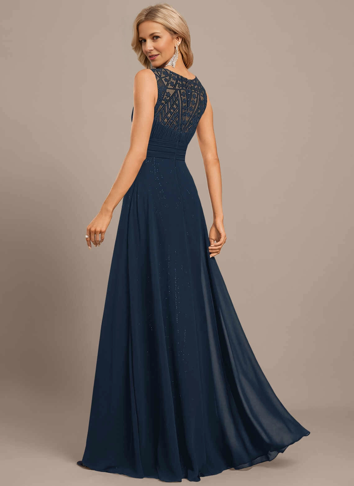Vedress Sheer Embroidered Lace Back Long Evening Gown Back View