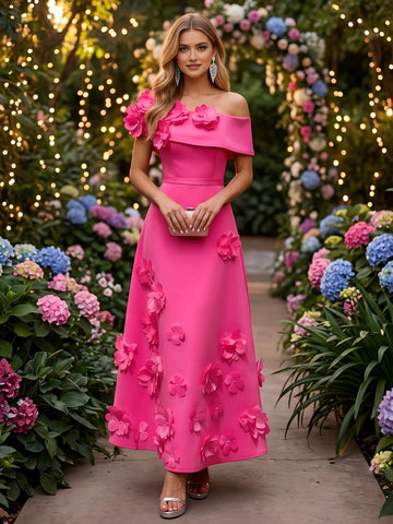 Vedress hot pink 3D flower off‑shoulder A‑line midi prom dress front view