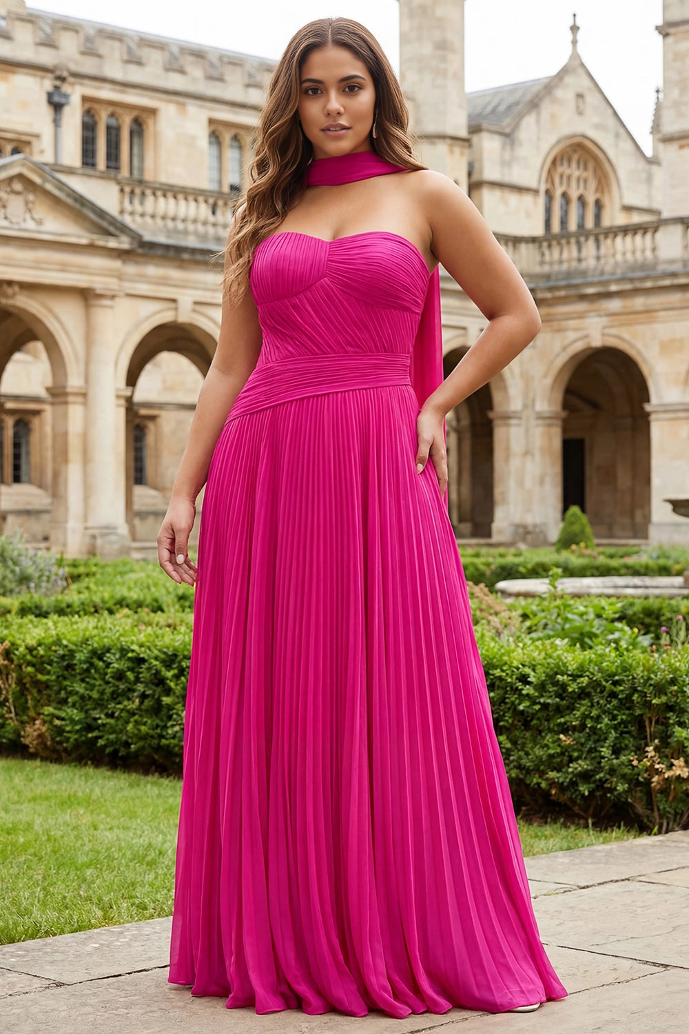 Vedress fuchsia chiffon pleated long prom gown strapless sweetheart with neck sash front view
