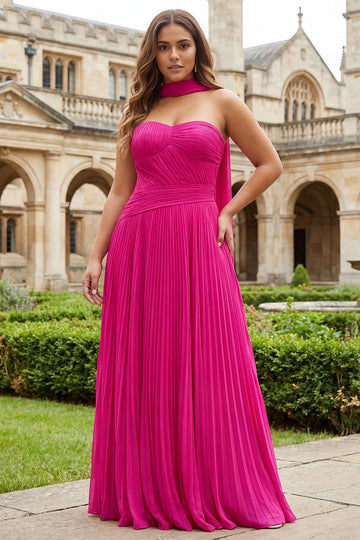 Vedress fuchsia chiffon pleated long prom gown strapless sweetheart with neck sash front view