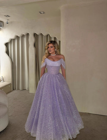 Vedress lavender glitter tulle ball‑gown prom dress front view with off‑shoulder puff sleeves