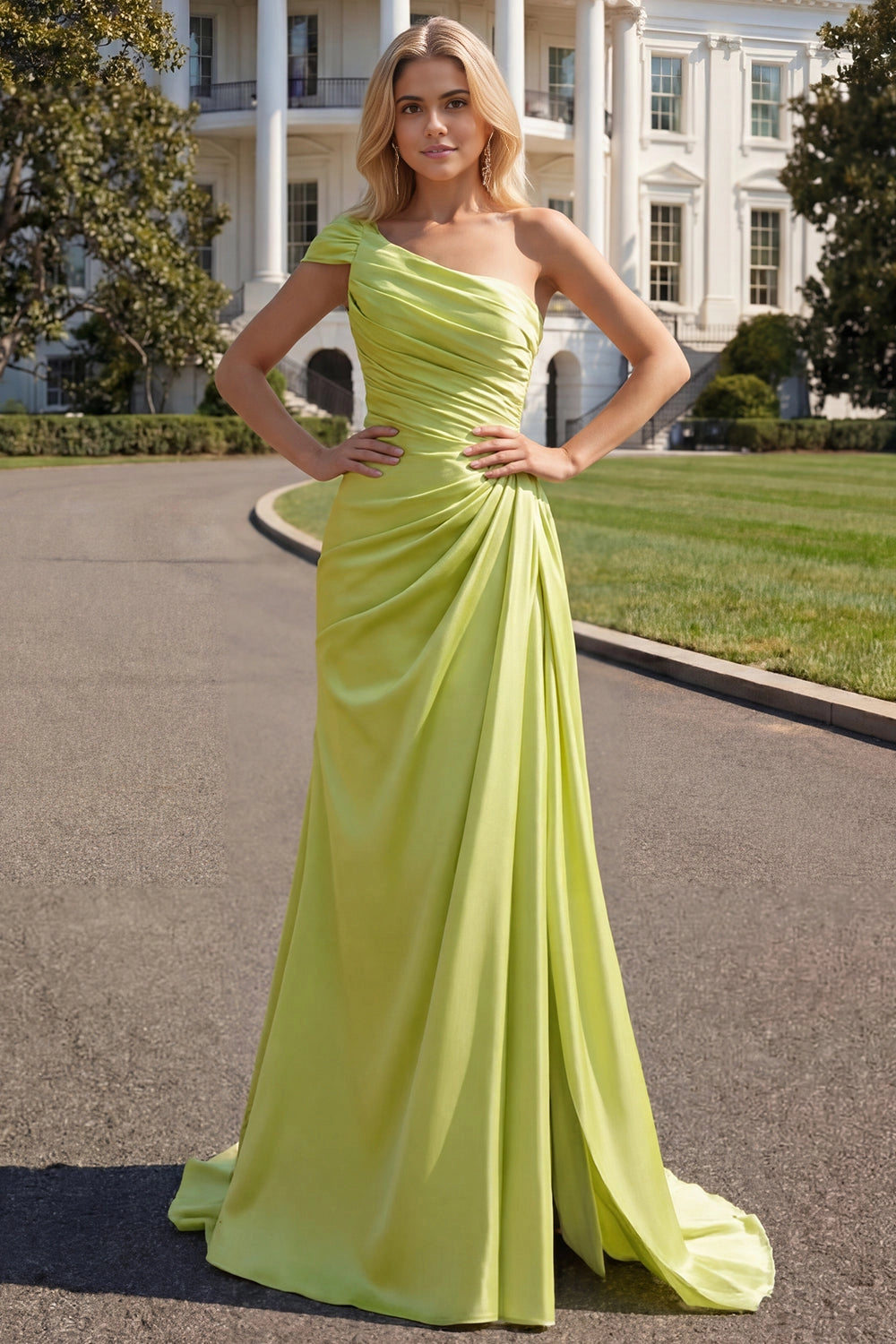 Vedress lime green one shoulder long prom dress ruched satin high slit a-line evening gown