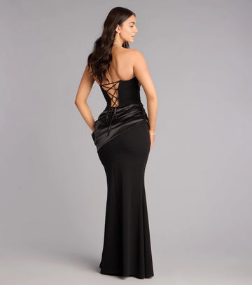Back view Vedress black criss cross back strapless mermaid prom dress satin formal gown