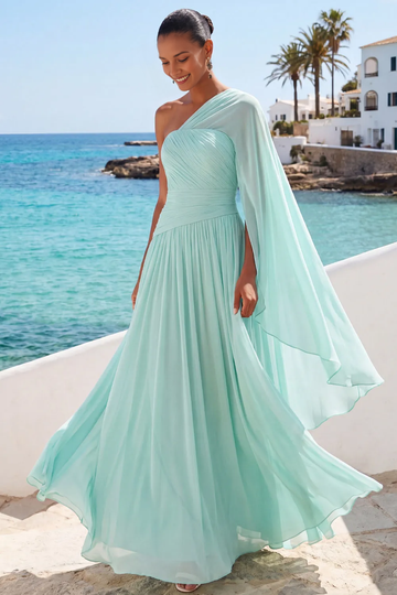 One Shoulder Draped Cape Sleeve Pleated Chiffon A-Line Maxi Bridesmaid Formal Dress