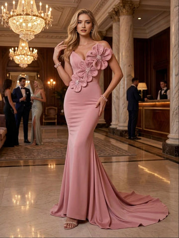 Vedress dusty pink satin 3D floral applique off‑shoulder mermaid prom dress front view