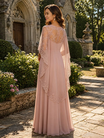 Back view vedress sheer lace v back cape sleeve chiffon floor length plus size mother gown