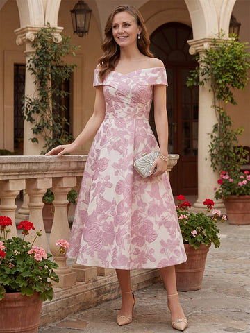 Romantic A‑Line Off‑The‑Shoulder Sleeveless Back Zipper Midi Mother Of The Bride Dress