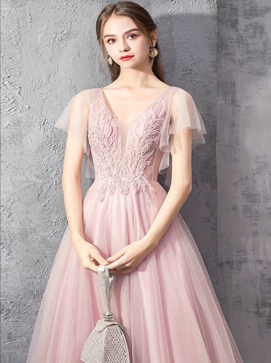 Elegant V-neck Sequined Embroidered Mesh Short Sleeve High-Waist A-Line Long Formal Ball gown Evening Dress