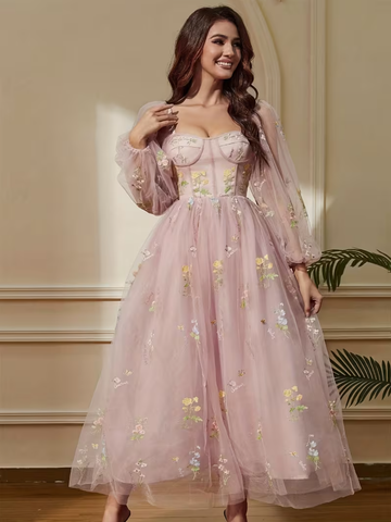 Vestido de cóctel midi elegante vintage para mujer con escote corazón y mangas largas transparentes, vestido formal de fiesta de graduación de corte A hasta el suelo