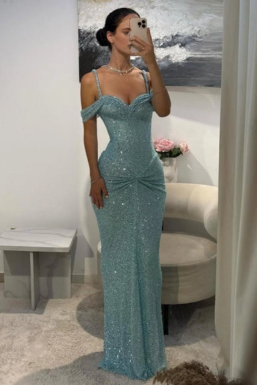 Vedress aqua glitter sequin off shoulder spaghetti strap twist waist mermaid long prom dress