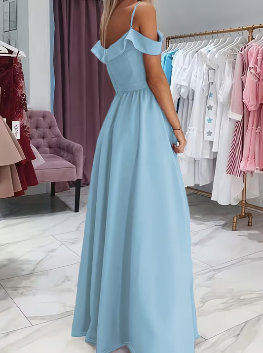 Women's Off-the-Shoulder Sweetheart Neck Satin V-Neck Pleated Backless Party Wedding Bridesmaid Dresses Evening Gown with High Slit