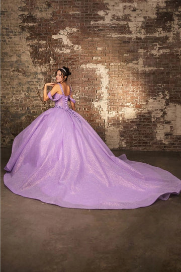 Lavender Quinceañera dress with lace-up corset back and sweeping glitter train by Vedress