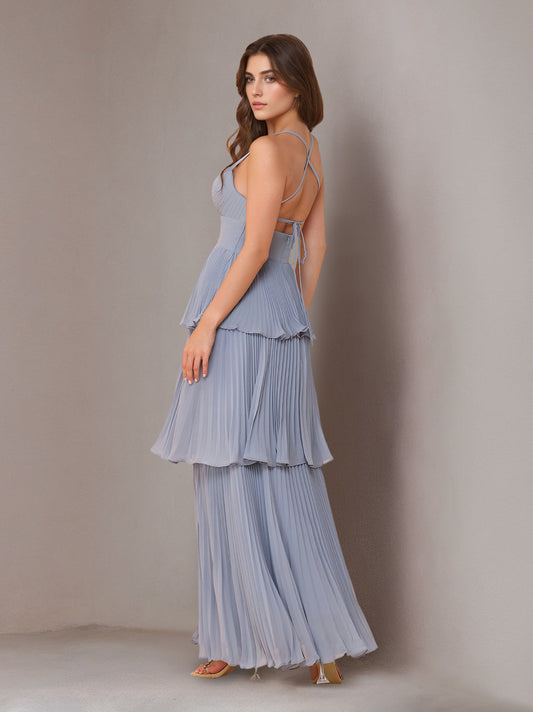 A-Line Maxi Dress Spaghetti Straps Sleeveless Floor-Length Chiffon Wedding Guest Bridesmaid Dresses with Pleated
