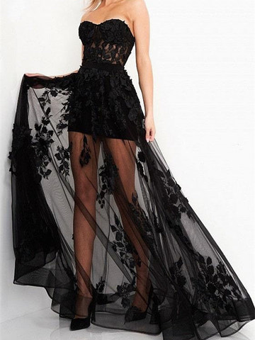 Vestidos de Noche de Línea A Vestido Floral Ropa de Fiesta de Boda Vestido de Noche sin Tirantes sin Mangas Hasta el Suelo con Flores