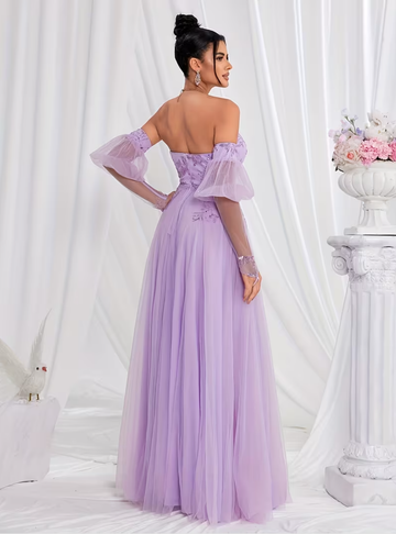 Vestidos de noche elegantes con hombros descubiertos, de gasa bordada, largos, para fiesta de graduación. Vestido de noche elegante de mujer con apliques de malla y bralette.