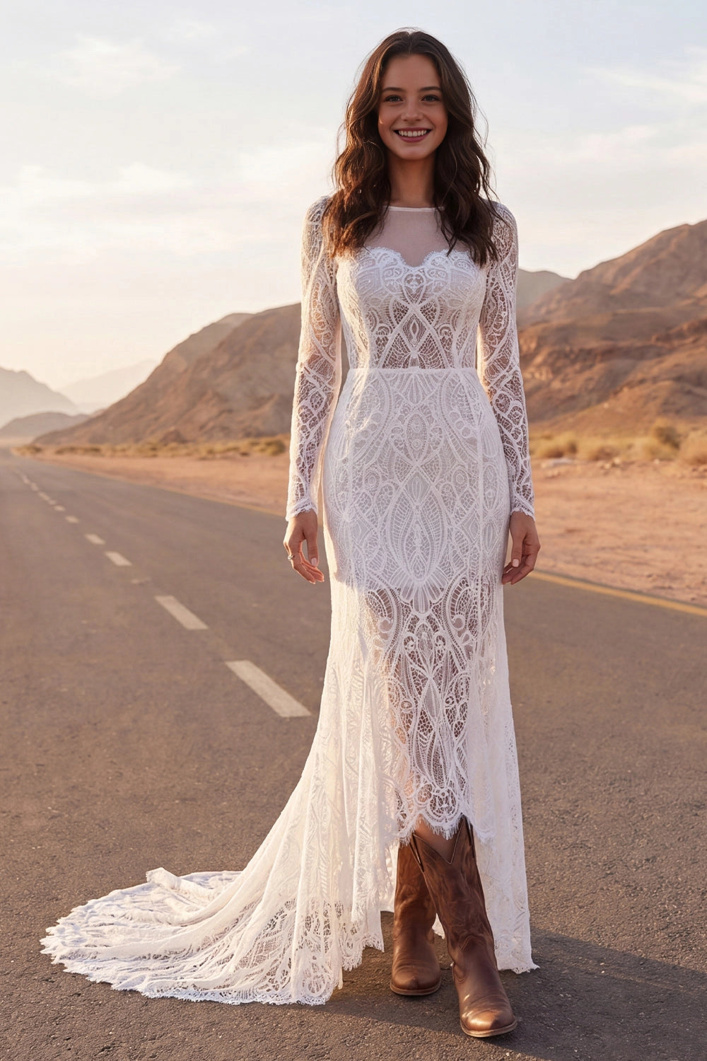 Vedress boho white lace mermaid wedding dress long sleeve illusion neckline desert highway
