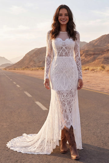 Vedress boho white lace mermaid wedding dress long sleeve illusion neckline desert highway