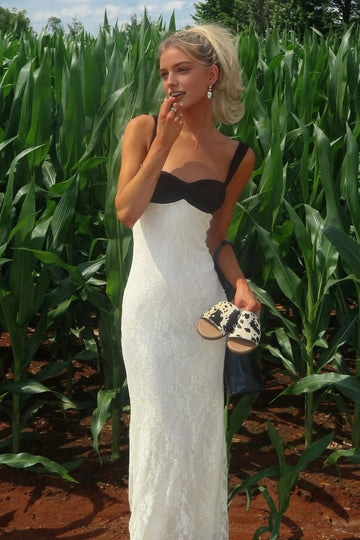 Vedress black‑and‑white contrast bust lace mermaid prom maxi dress with wide spaghetti straps