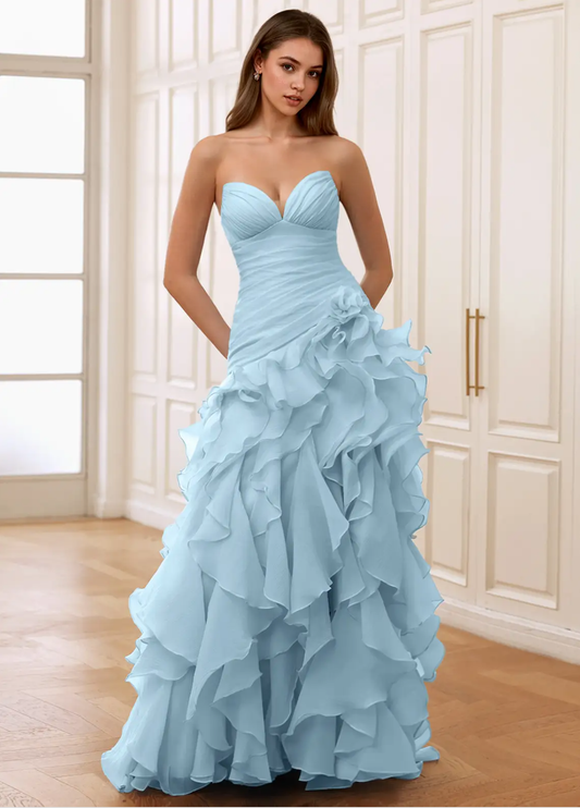 Women's A-Line Princess Ball gown Strapless Ruched Evening Gown with Asymmetrical Ruffled Hem High Slit