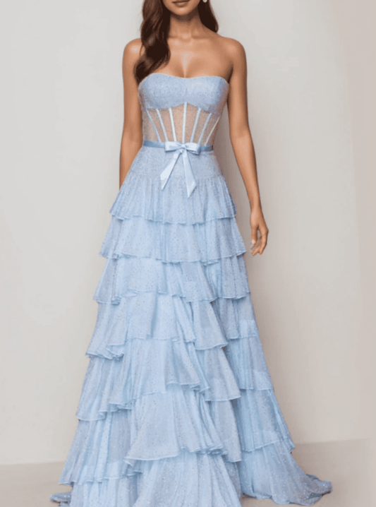 A-Line Princess Ball gown Elegant Tiered Strapless Sleeveless Corset Back Maxi Evening Gown