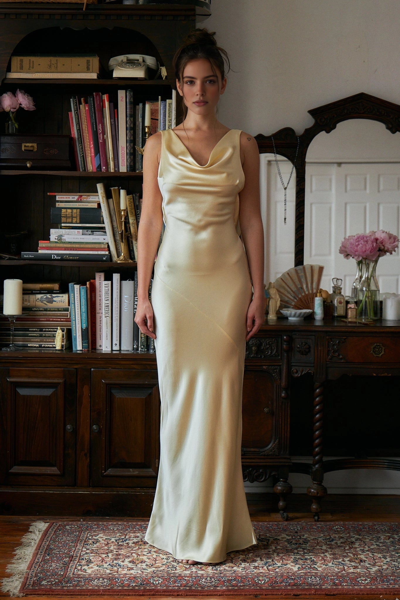 Vedress champagne satin cowl neck mermaid prom dress full‑body front view