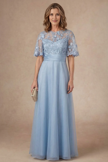 Light Blue Floral Lace A-Line Gown with Sheer Illusion Neckline