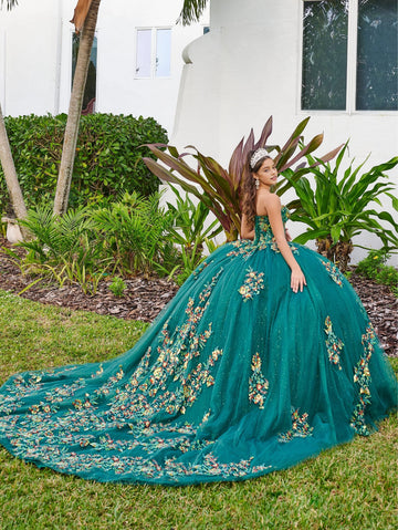 Vedress emerald green quinceanera ball gown corset back chapel train colorful floral appliques glitter tulle back view