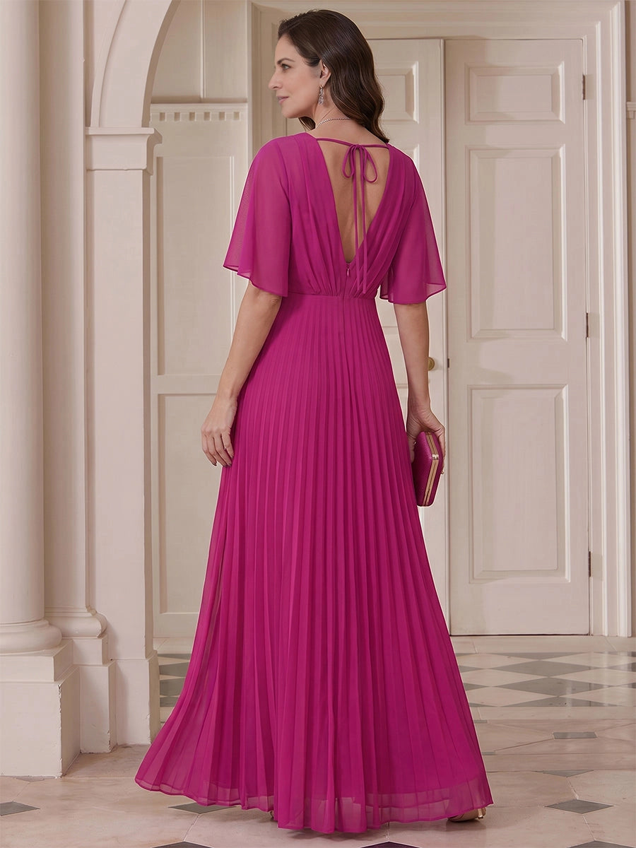 Vedress Long Chiffon Gown Deep V Tie‑Back Pleated Mother Dress Back View