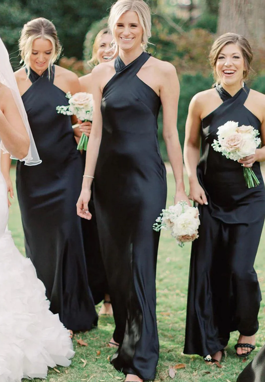 Beauty Sheath Satin Solid Charmeuse Halter Neck Long Evening Gown Bridesmaid Dress with Bowknot