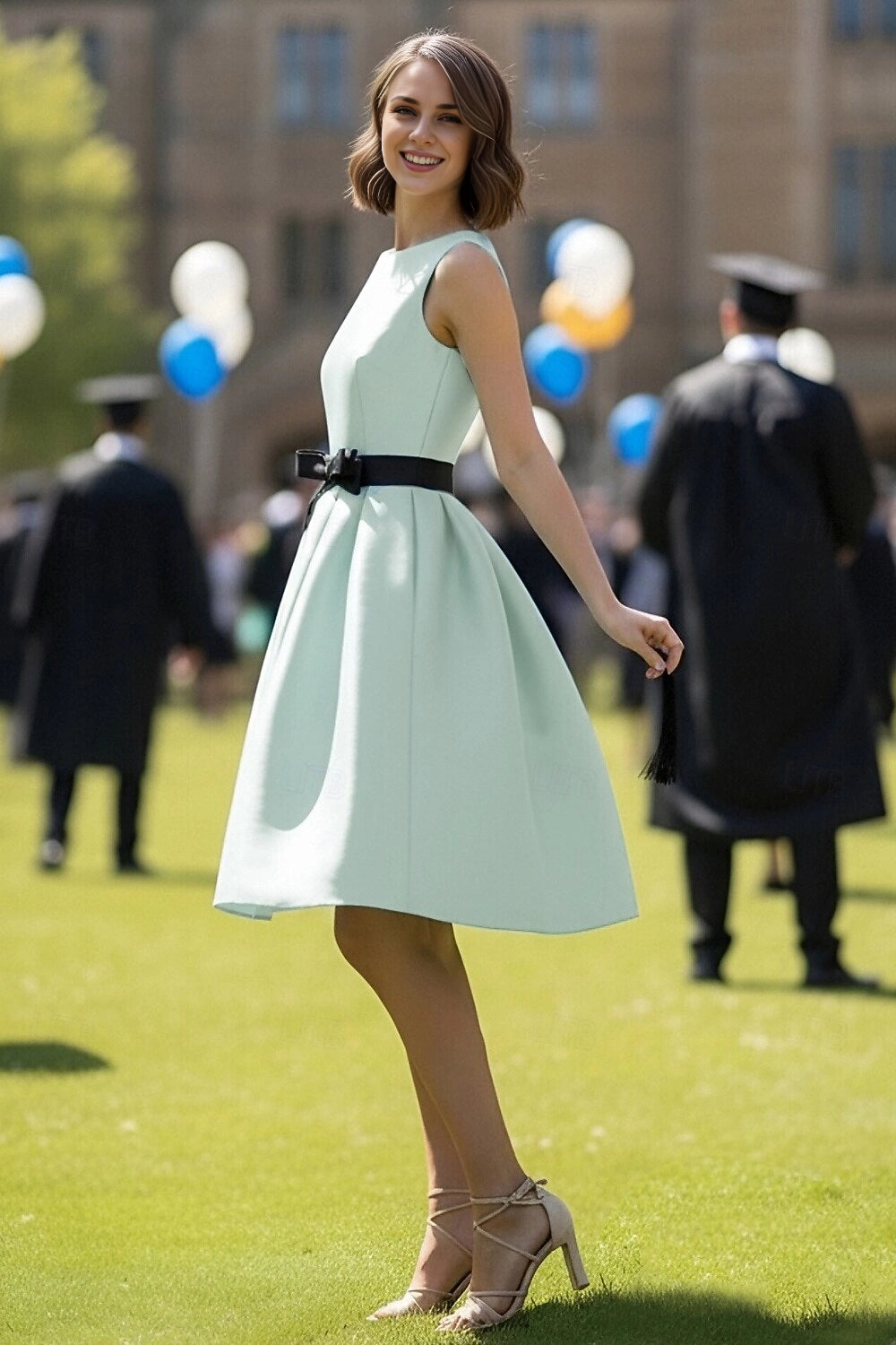 Vedress mint green sleeveless crew neck black satin bow waist belt pleated fit and flare knee length graduation formal dress