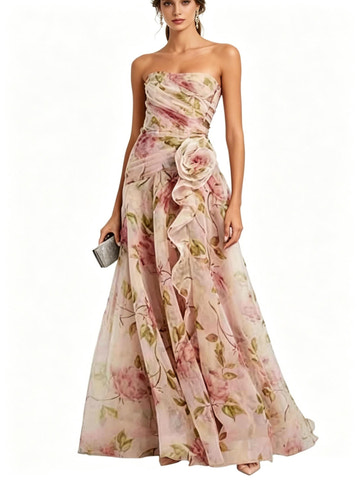 3D Floral Strapless Maxi Dress Lace-Up Back Formal Party Wedding Guest Dress